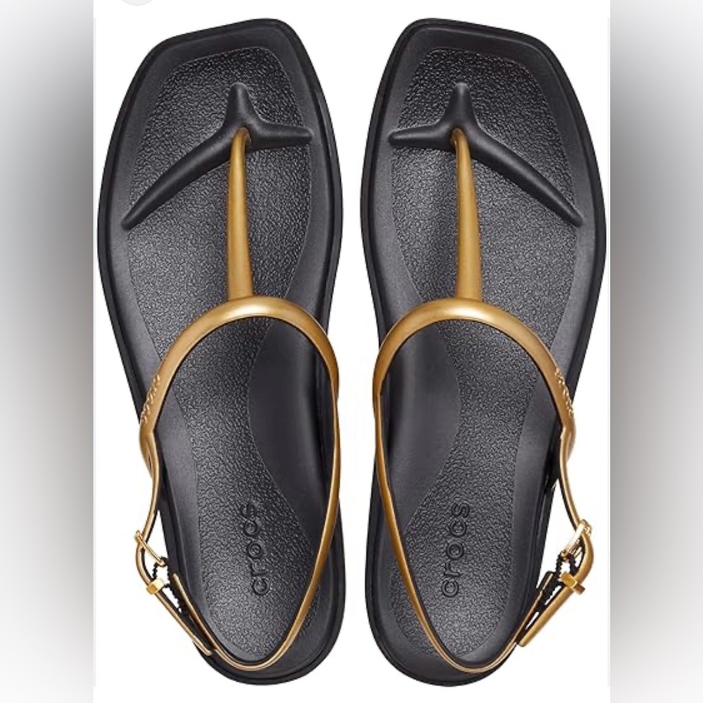 CROCS Women's Miami Black and Gold Thong Sandals, Size 9W.